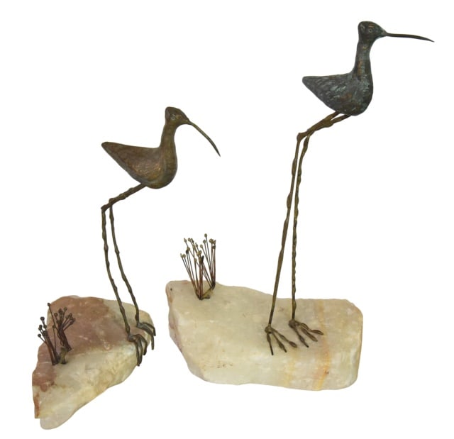 Pair Curtis Jere Sculpture Birds on Stone: Pair Mid Century Curtis Jere Sculpture Birds on Stone.Bird cast in bronze affixed to a stone. Signed and dated 1969.Measures approximately 12 inches tall x 7 inches wide.