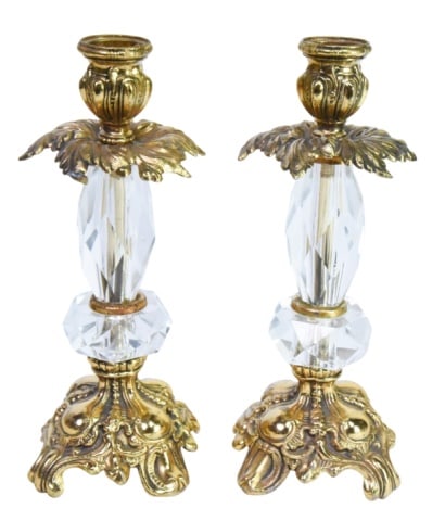 Pair Vintage Brass and Glass Candle Holder: Pair Vintage Brass and Glass Candle HolderMeasure 9.75 inches x 5 inches in diameter.