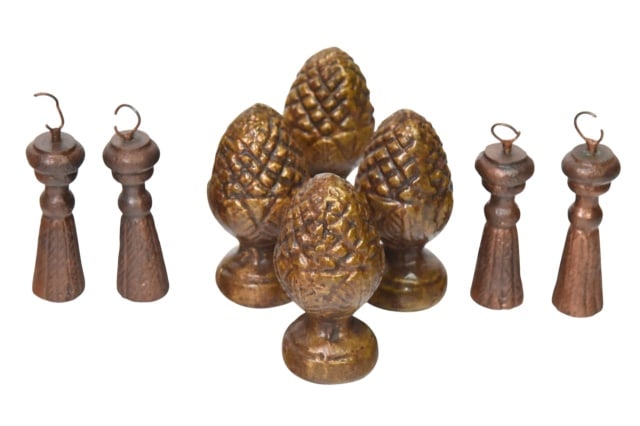 Decorative Pinecone Finials and Metal Turned Drops: Vintage Decorative Pinecone Finials and Metal Turned Drops.Finials measure 4 inches x 2 inches in diameter.Curtain weights measure 3 inches x 1 inch in diameter.