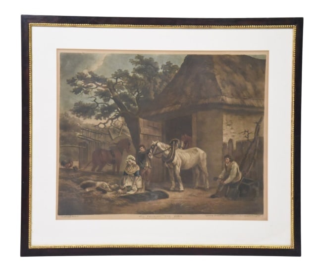 Antique Hand Colored Engraving Feeding the Pigs: Antique Hand Colored Engraving Feeding the Pigs. Originally painted by the British artist George Morland and engraved by John Raphael Smith.Measures 25.5 inches x 30 inches.