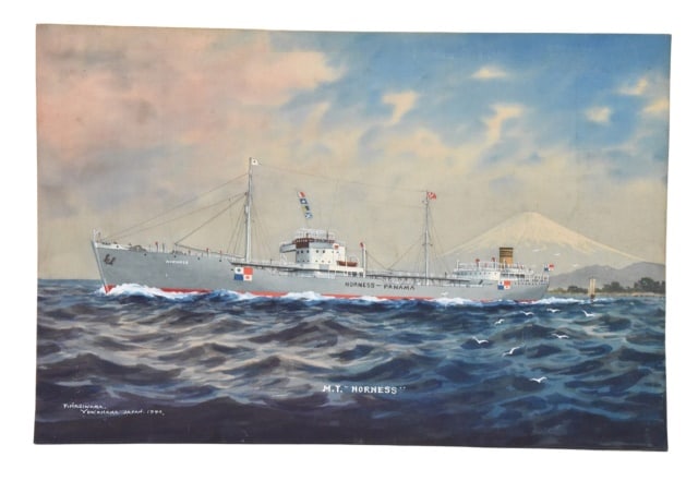 Tomikichi Hagiwara Maritime Painting on Silk: Tomikichi Hagiwara, Japanese Maritime Gouache Painting on Silk. Depicting the motor tanker M.T. Norness (Panama) sailing past Mt. Fuji.Signed, dated and inscribed 'T. Hagiwara. Yokohama. Japan. 1949,