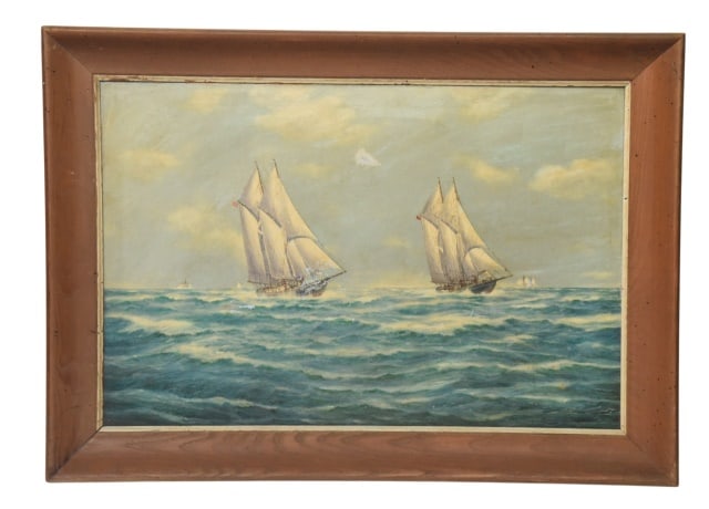 John Arnold Classic Racing Yachts Oil on Canvas: John Arnold Classic Racing Yachts Oil on Canvas Painting.Framed measures 31 inches x 42 inches.Visible aging and paint loss on the surface. Sold as isProvenance:Estate of Kevin Sherwood.