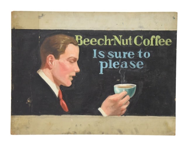 Vintage JC Leyendecker Style Illustration on Board: Vintage JC Leyendecker Style Illustration on Board. Promotional Sign for Beech-Nut Coffee.There's some paint loss and damage on the surface of the painting. Sold as is.Measures 24 inches x 18