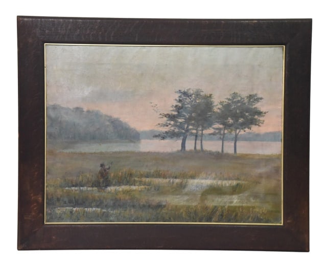 19th Century American School Oil Painting: 19th Century American School Oil on Canvas Painting Depicting Early Morning Duck Hunt.Canvas shows age and craquelure. Sold as is.Framed measures 31.5 inches x 39 inches, art 24 inches x 32