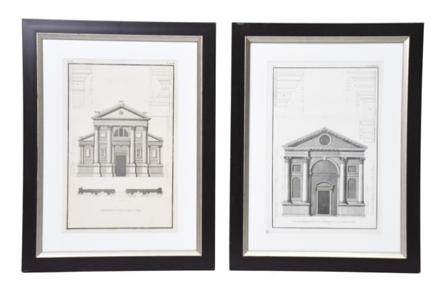 18th C Architectural Engravings of Venetian Church: Pair 18th Century Architectural Engravings of the Facade and Details of the Venetian Church San Francesco della Vigna Based on Designs by the Renaissance Archtect Andrea Palladio and Published by