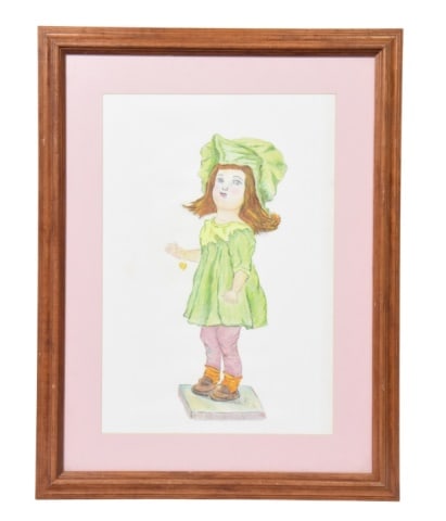 Watercolor and Graphite Illustration of A Girl: Framed Watercolor and Graphite Illustration of A Whimsical Young Girl in a Voluminous Green Hat and Green Dress Standing on a Small Platform.Measures 27 inches x 20 inches.Provenance:Estate of Kevin