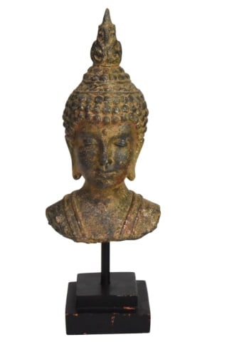 Antique Style Buddha Head Sculpture on Stand: Antique Style Buddha Head Sculpture on Stand.Buddha is made of painted composite to give it an antique look.Measures 16 inches x 7 inches x 4 inches with stand.