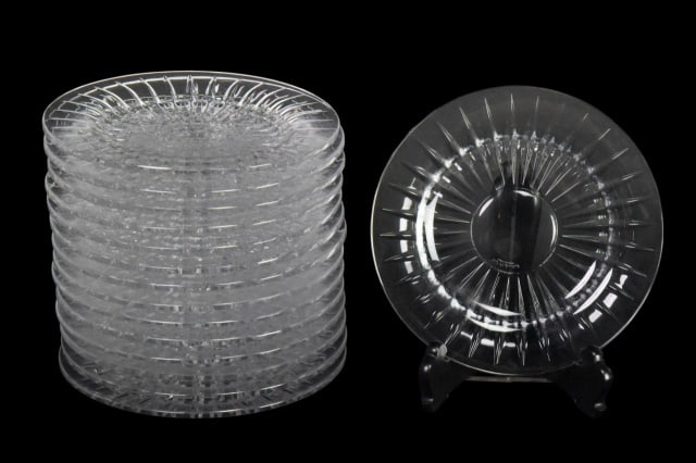 14 Val Saint Lambert Crystal Dessert Plates: Set of 14 Belgian Val Saint Lambert Crystal Dessert PlatesMeasures 5.75 inches in diameter.