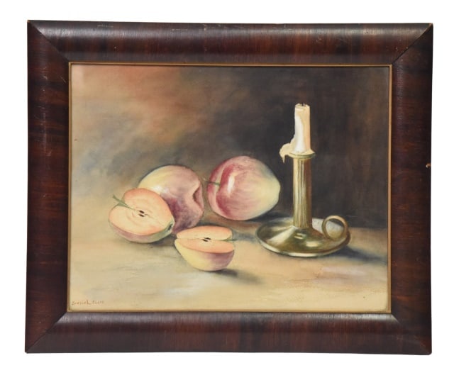 Jessie L. Clapp Still Life Watercolor Painting: Jessie L. Clapp Vintage Still Life Watercolor Painting Featuring Fruit and a Candle.Measures 16.5 inches x 20.5 inches.Provenance:Estate of Kevin Sherwood.