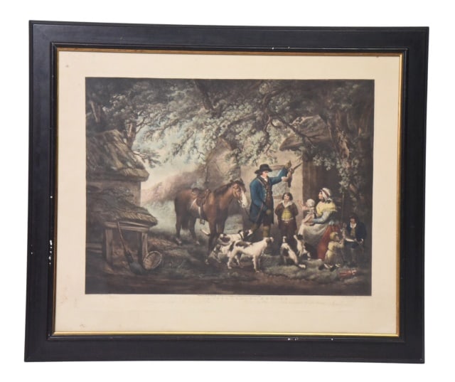 Antique Hand Colored Engraving of the Evening: Antique Hand Colored Engraving Evening or The Sportsman's Return.Originally painted by the British artist George Morland and engraved as mezzotint by Joseph Grozer.Measures 27.5 inches x 32 inches.