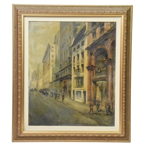 Cesar Villacres Urban Street Scene Oil on Canvas: Cesar Villacres (New York, Ecuador, 1880 - 1941) Urban Street Scene Oil on Canvas Painting. Signed in New York 1947.Please note that the canvas has some patch / repair in verso. Sold as is.Provenance: