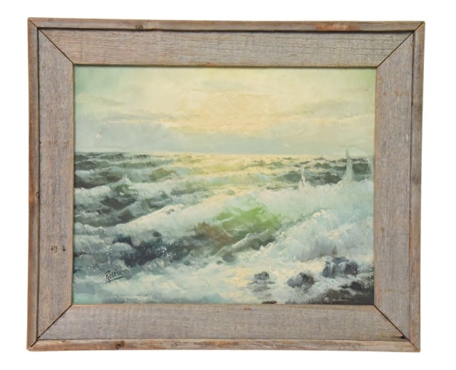 Signed Vintage Coastal Seascape Oil Painting: Signed Vintage Coastal Seascape Oil on Canvas Painting in a Natural Rustic Wooden Mitered Frame. Signed Rose lower left.Framed measures 21 inches x 25 inches.Provenance:Estate of Kevin Sherwood.