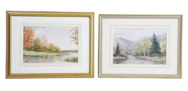 Signed Kleinbardt Fall Landscape Scene Watercolor: Set of Two Signed Kleinbardt Fall and Mountain with Stream Scene Watercolor Paintings.Measures 13 inches x 17 inches.