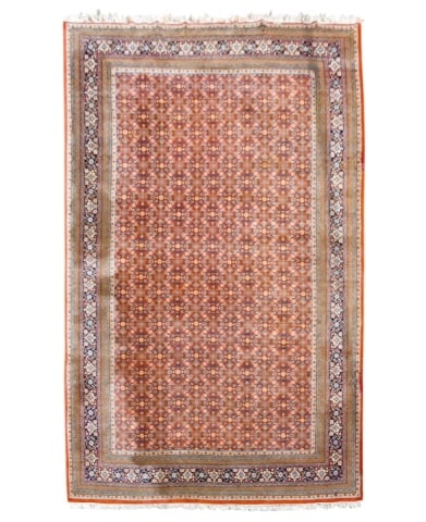 Vintage Persian Style Wool Hand Knotted Area Rug: Vintage Persian Style Wool Hand Knotted Area Rug with Geometric / Floral Pattern in Rusty Orange Tones.Measures 149 inches x 242 inches. Carpet has loss around the edges. Needs restoration. Please loo