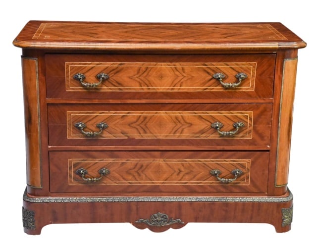 French Louis XVI Style Chest of Drawers: Early 20th Century French Louis XVI Style Walnut Veneer Inlay and Ornate Brass Hardware Chest of Drawers. Needs refinishing.Measures 36 inches x 43 inches x 20 inches.Wear consistent with age. Sold