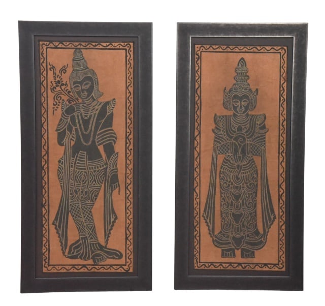 Traditional Thai Buddhist Figures Temple Rubbing: Traditional Thai Buddhist Figures Temple Rubbing.Measures 34 inches x 16 inches x 1 inch.