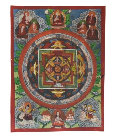 Vintage Tibetan Thangka Painting Depicting Mandala: Vintage Tibetan Thangka Painting Depicting MandalaMeasures 18 inches x 13.5 inches.