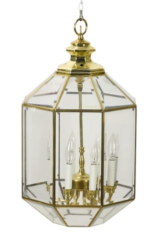 Large Vintage Brass and Beveled Glass Lantern: Large Vintage Brass and Beveled Glass Lantern-Style 8 Light Chandelier.Measures inches x inches x inches.