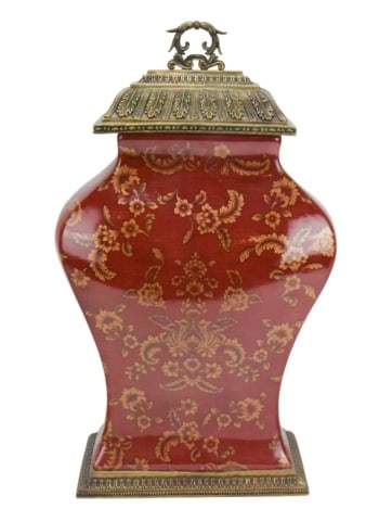 Oriental Painted Ceramic Red and Gold Accent Jar: Oriental Painted Ceramic Red and Gold Accent Jar with Rectangular Lid and Base. The top has been repaired / glued. sold as is.Measures 21 inches x 12 inches x 5 inches.