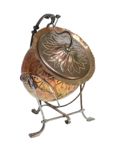 Antique Arts & Crafts Period Copper Coal Scuttle: Antique 19th Century Arts & Crafts Period Copper Coal Scuttle in a Acorn Seed-Pod Design and Hand Forged Wrought Iron Spiral Twist Stand. Attributed to Christopher Dresser.Measures 23 inches x 14 inch