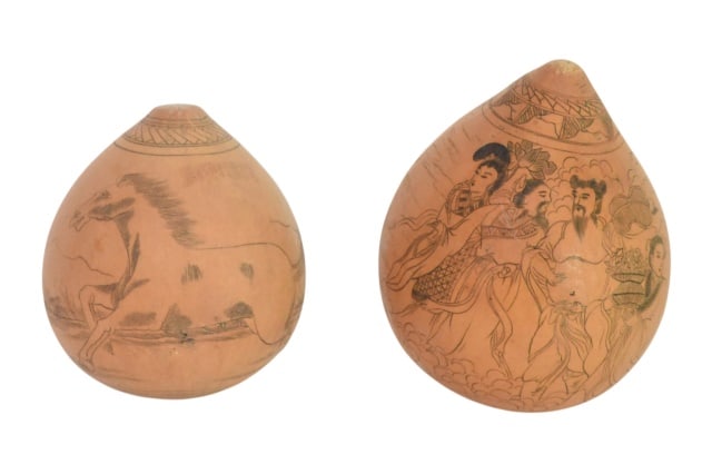 2 Vintage Chinese Lanzhou Engraved Gourds Seedpods: Pair Vintage Chinese Lanzhou Engraved Gourds Seedpods with Traditional Figure Scenes.Largest measures approximately 3 inches x 2.5 inches in diameter.