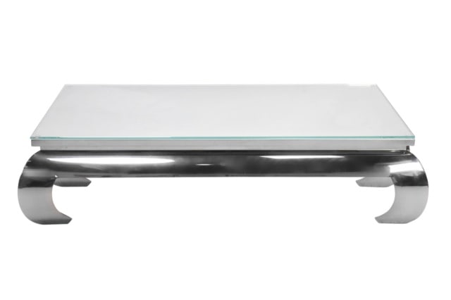 Gilles Clement Designs Chrome & Glass Coffee Table: Gilles Clement Designs Chrome & Glass Coffee Table. Ming Inspired Curved Leg Design.Measures 16 inches x 68 inches x 36 inches. Please note there is a tiny chip in one of the corners of the glass. Chr