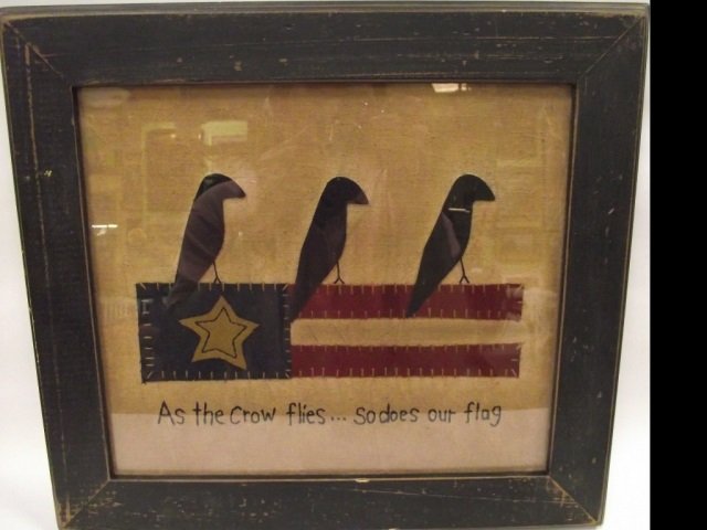 As the Crow Flies" Flag Tapestry": Framed As the Crow Flies...So Does Our Country" Tapestry. 11" H x 13" W, very good vintage condition."