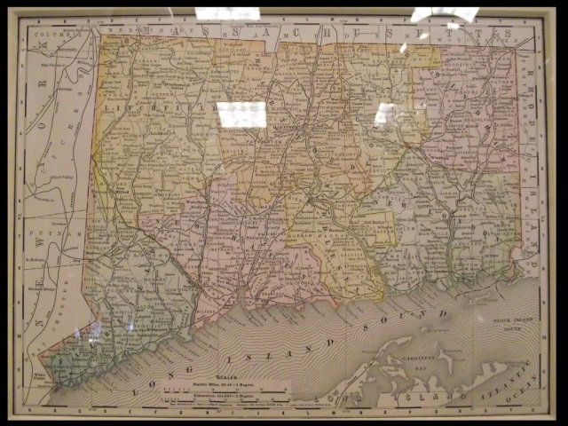 Antique Framed Hand-Colored Connecticut Map: Antique framed hand-colored Connecticut map, 9 1/2 H x 12 1/2" W under mat. From a Greenwich, CT collector, very good antique condition."