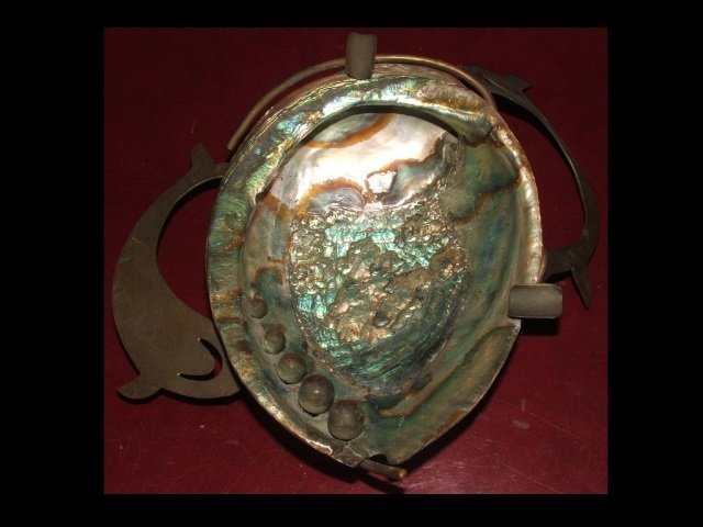 Art Deco Brass and Abalone Ashtray: Art Deco brass and abalone ashtray. 8 H x 9" W, very good antique condition."