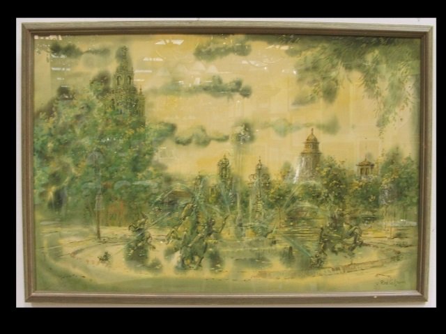 J.C. Nichols Memorial Fountain- Rod Cofran Watercolor: J.C. Nichols Memorial Fountain in Kansas City, Missouri by Rod Cofran. 19 1/2 H x 29" W, very good vintage condition."