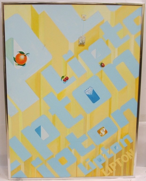 Geometric Abstract w/Fruit+Lipton Tea- John Elliot: Geometric abstract with fruit and Lipton tea by John Elliot, done in 1983 for Lipton Tea advertising campaign. Acrylic on canvas, 47 H x 35" W, excellent condition."