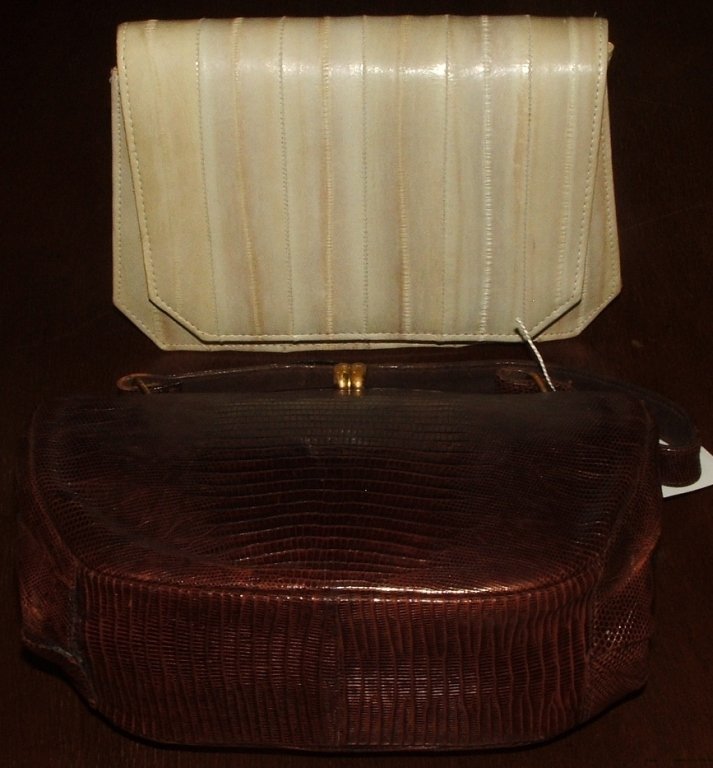 2 Vintage Leather Purses- Eel Skin & Reptile Skin: Pair of vintage purses, one eel skin including card holder and lipstick holder w/mirror, one reptile skin. Larger measures 8 1/4 L x 2 3/4" W x 7 1/2" H, very good used condition."