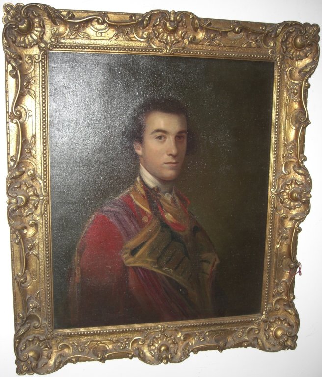 Portrait/British General West-Joshua Reynolds- O/C: Portrait of British General West, signed on stretcher by Joshua Reynolds, auction records to $1 million. Oil on canvas, 29 1/4 H x 24 1/4" W, very good antique condition."