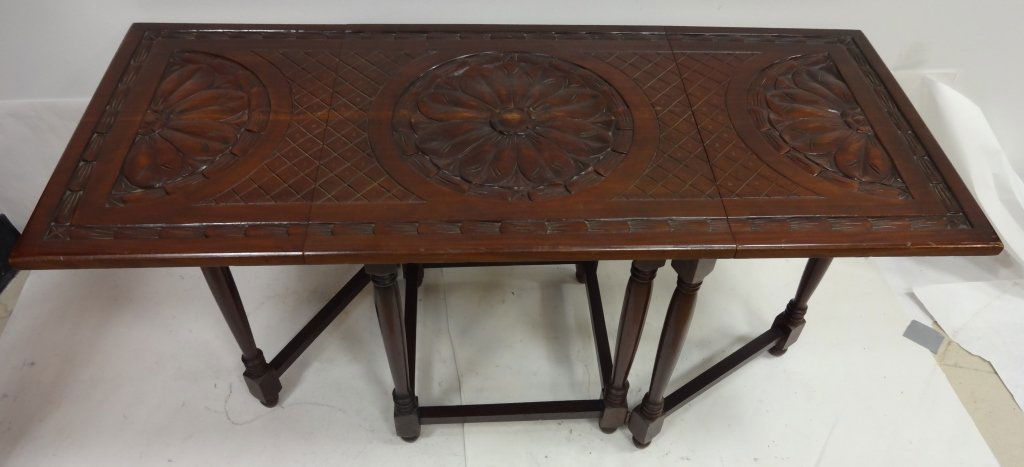 Vintage Mahogany Drop-Leaf Table: Vintage mahogany drop-leaf table. 41 3/4 L x 17 5/8" W x 19 5/8" H, very good used condition."