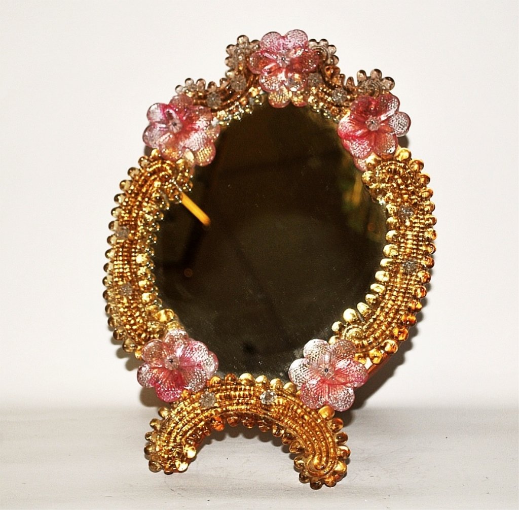 Venetian Murano Glass Table Mirror w/Pink Flowers: Venetian Murano table mirror with pink flowers. 12" H x 9" diameter, very good vintage condition.
