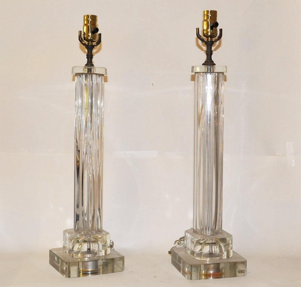 Pair of Art Deco Glass Pillar Table Lamps: Pair of Art Deco glass pillar table lamps. Recently rewired, with original bronze socket stems. No harp or shade. 5 1/2" x 5 1/2" bases, 22 3/4" H, very good vintage condition.