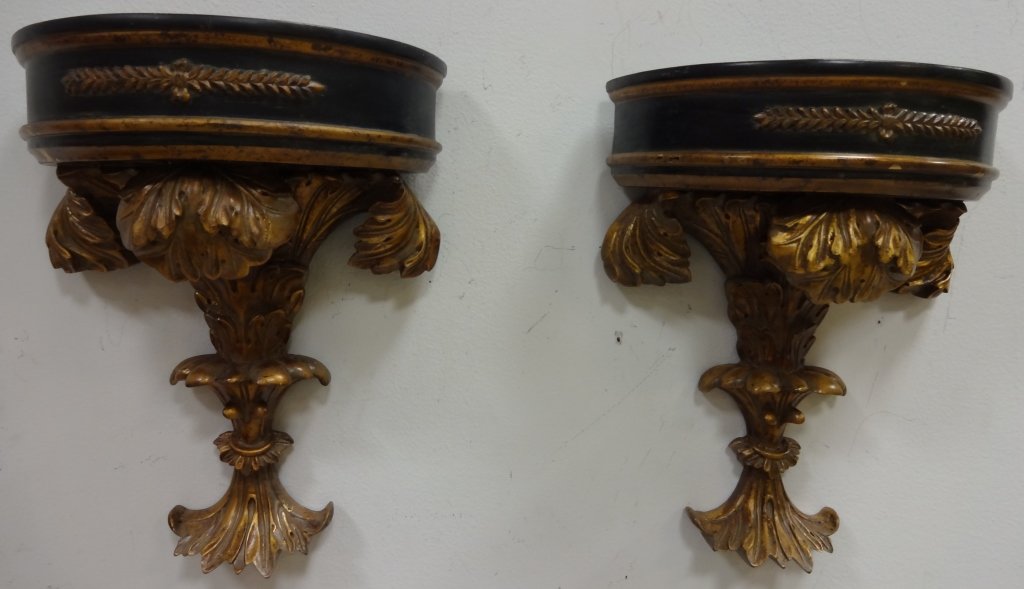 Pair of Vintage Gilt Pedestal Wall Mountings: Pair of vintage pedestal wall mountings. 9 3/4" L x 5" W x 12 1/2" H, very good used condition.