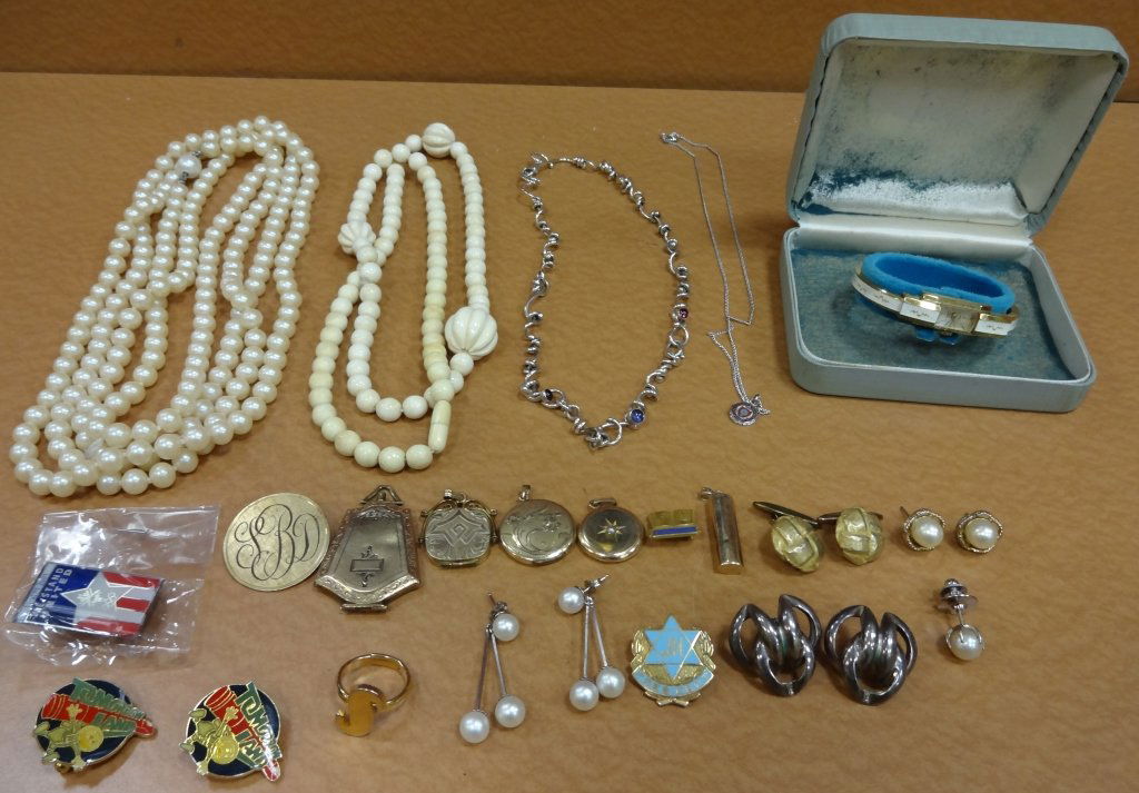 Vintage Lot of Costume Jewelry: Vintage lot of costume jewelry including Bucherer ladies' enamel wristwatch and one pair of sterling earrings, very good condition.