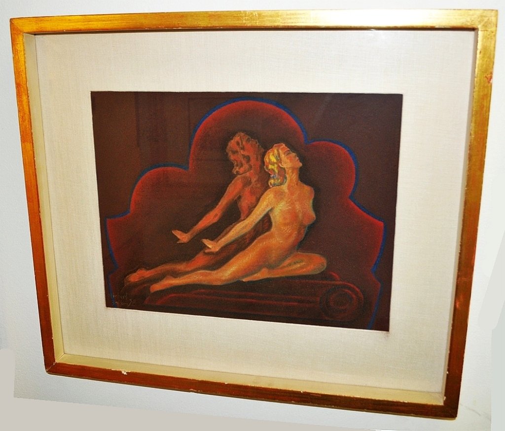 Michael Zalkin Nude Pastel- Art Deco-Style: Michael Zalkin Art Deco-style nude pastel, gallery label on verso. 12" H x 15 1/2" W, very good vintage condition.