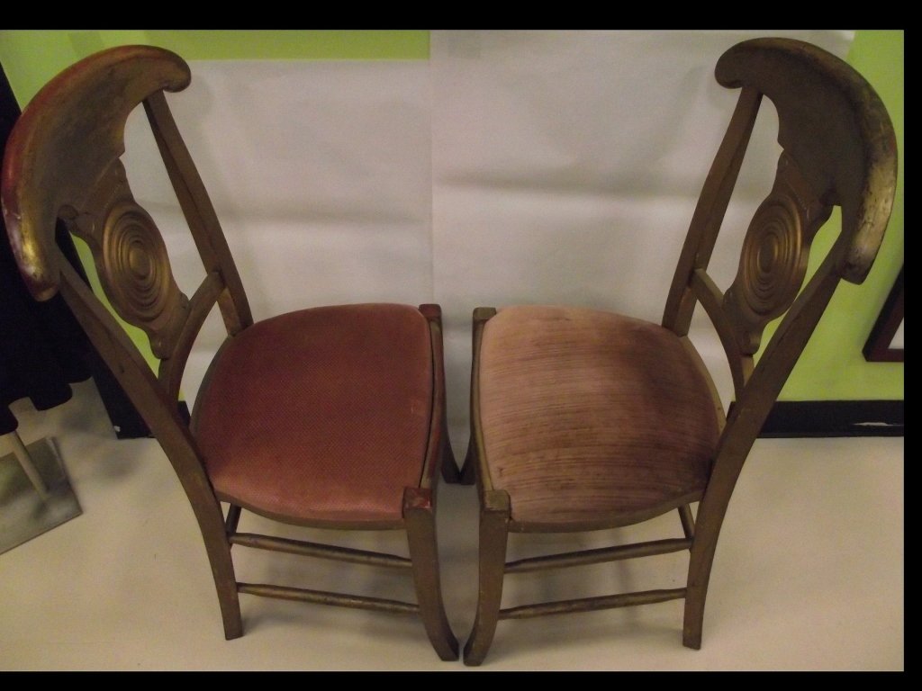 Set of 6 Art Deco Gilt Wood & Fabric Dining Chairs: Set of six Art Deco gilt wood and fabric dining room chairs. 14" D x 16 1/2" W x 37" H, very good antique condition.