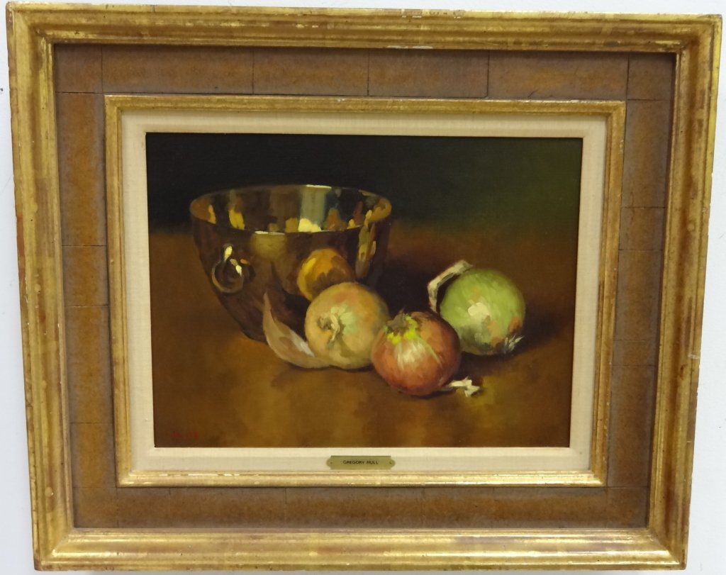 Still Life with Onions and Bowl- Gregory Hull- O/C: Still life with onions and bowl by Gregory Hull. 30" H x 16" W, very good condition.
