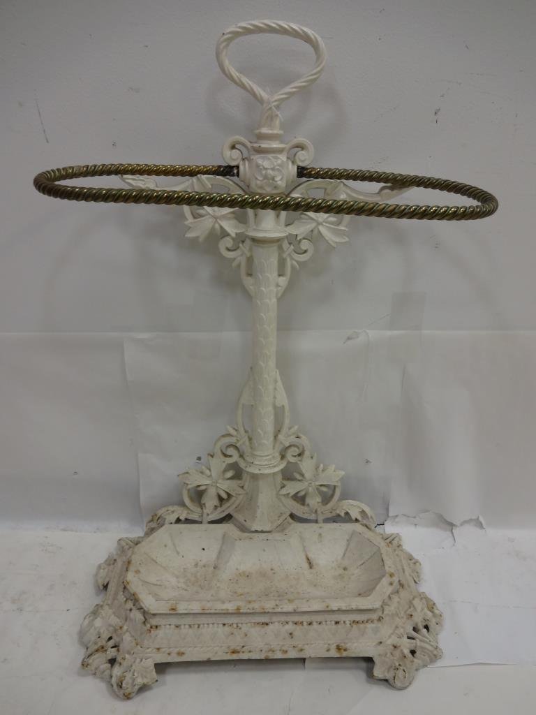 Antique British Metal and Brass Cane Stand: Antique British metal and brass cane stand. 19 1/4" L x 12" W x 29 3/4" H, very good used condition.