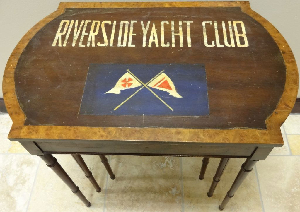 Vintage Nesting Tables w/Riverside Yacht Club Logo: Vintage mixed wood nesting tables with Riverside Yacht Club logo. 28" L x 18"-36" W x 24 1/4" H, very good used condition.