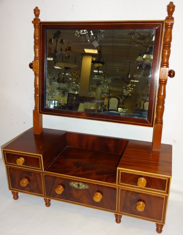 19th C Sheraton-Style Cherry-Banded Shaving Mirror: Sheraton-style cherry-banded shaving mirror with five drawers, American, circa 1820. 22 7/8" L x 9 1/4" W x 28" H, several cracks, otherwise very good antique condition.
