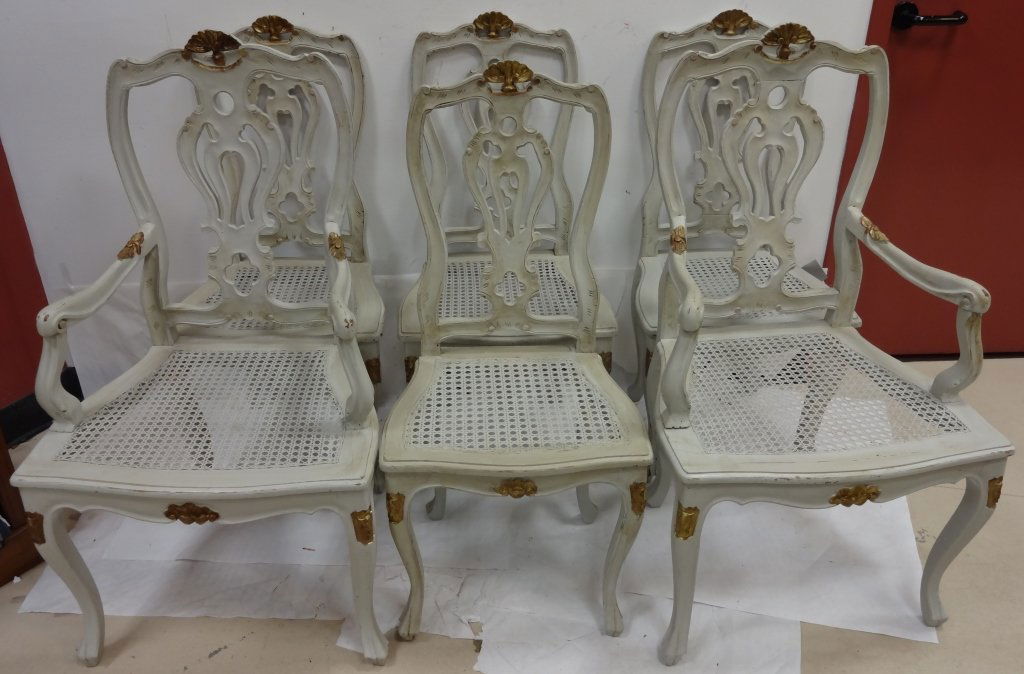 Set- 6 Edwardian Gilt Dining Chairs w/Rattan Seats: Set of six Edwardian gilt and Swedish-painted dining room chairs with rattan seats (two have armrests). Chairs with armrests measure 23 3/4" L x 20 1/8" W x 42 1/4" H, chairs without armrests measure