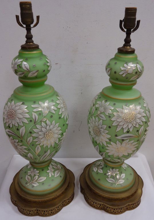 Pair/Victorian Glass Painted Lamps w/Brass Bases: Pair of Victorian apple green glass hand-painted floral table lamps with brass bases. 10 3/8" diameter x 27 1/2" H, excellent antique condition.