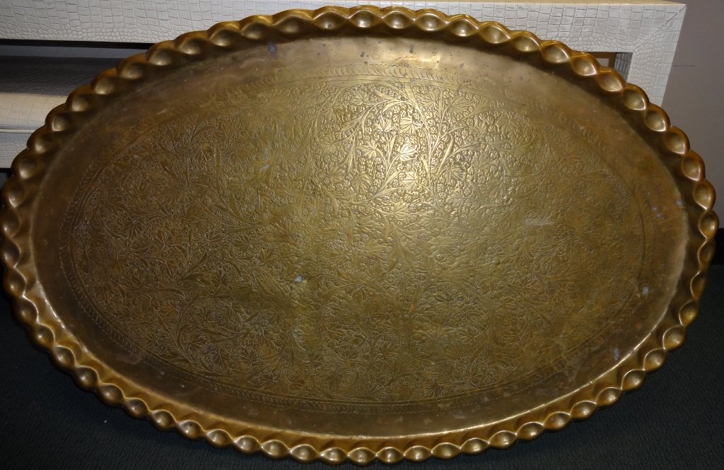 Large Brass Oval Serving Tray: Large vintage brass oval serving tray. 41" L x 26" W x 1 3/8" D, very good used condition.