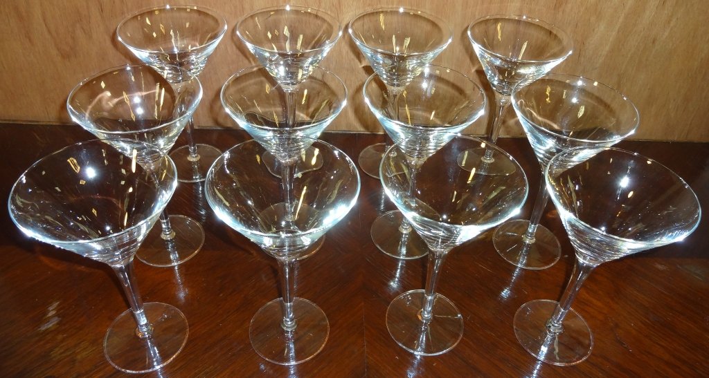 Set of 12 Vintage Martini Glasses: Set of twelve vintage martini glasses. 4 1/8" diameter x 6 7/8" H, very good used condition. From the home of Mary Rockefeller.