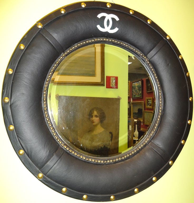 Mid-Century Circular Mirror with Chanel Logo: Mid-century circular mirror with Chanel logo (probably added). 31" diameter x 2 5/8" D, very good vintage condition.