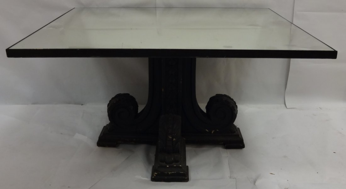 Mid-Century Mirror-Top Coffee Table/Cast Iron Legs: Mid-century coffee table with mirror top and cast iron metalwork. 33" W x 28" D x 18 1/8" H, very good vintage condition.